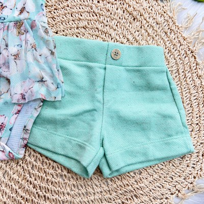 Conj. Body Floral  e Short em Linho - Verde